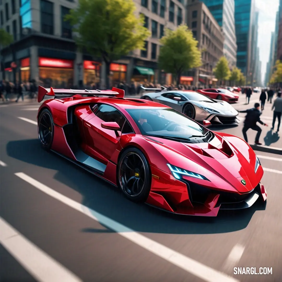 A red sports car zooms down a lively city street, passing tall buildings as pedestrians walk by. The vibrant red, with a hint of #CF2366 color, adds an exciting energy to the urban scene.