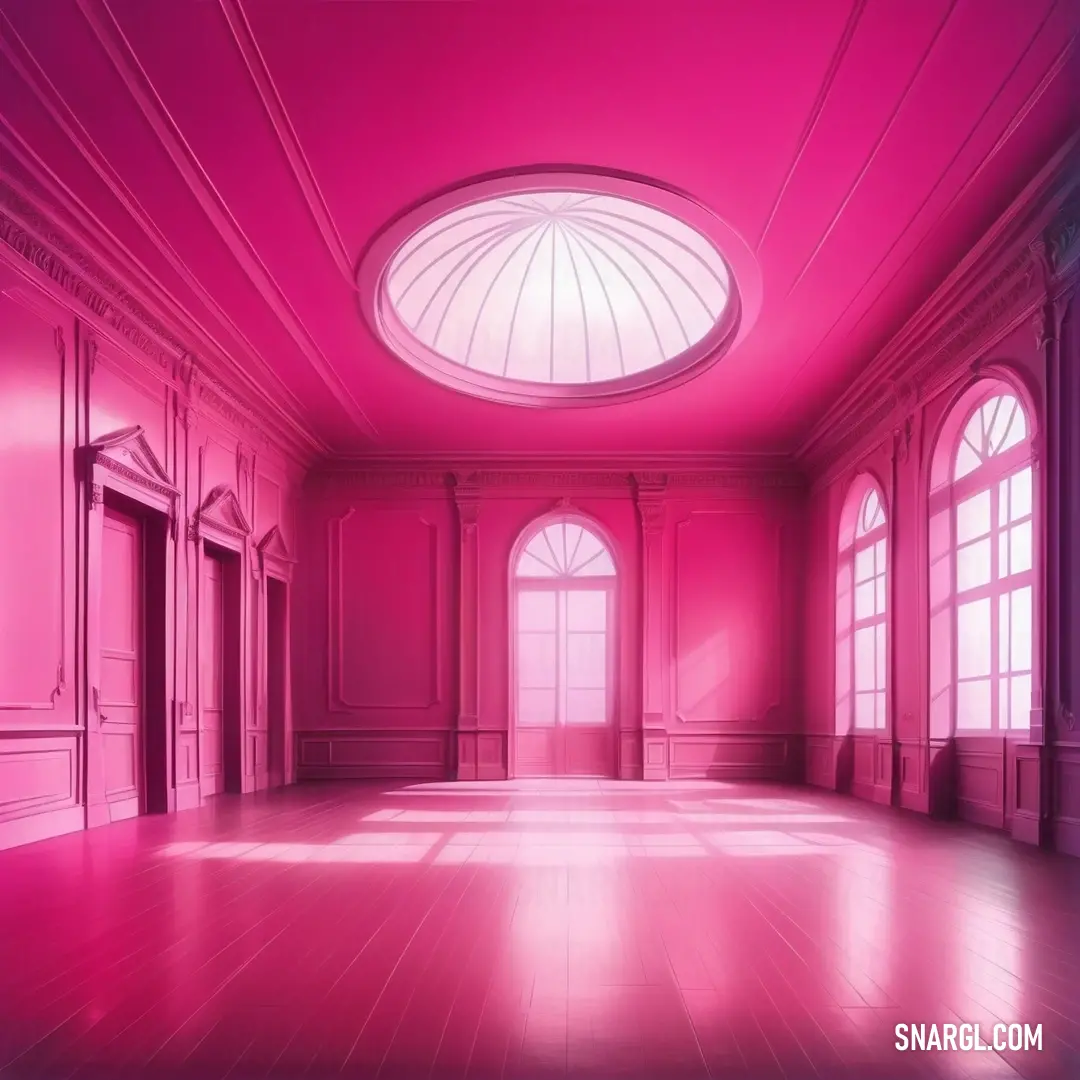 A cozy room featuring a soft pink ceiling with a round window in the center, from which a gentle pink light spills across the space. The atmosphere is warm and inviting, with vibrant hues of pink creating a calm ambiance. CMYK 0,100,24,4 color.