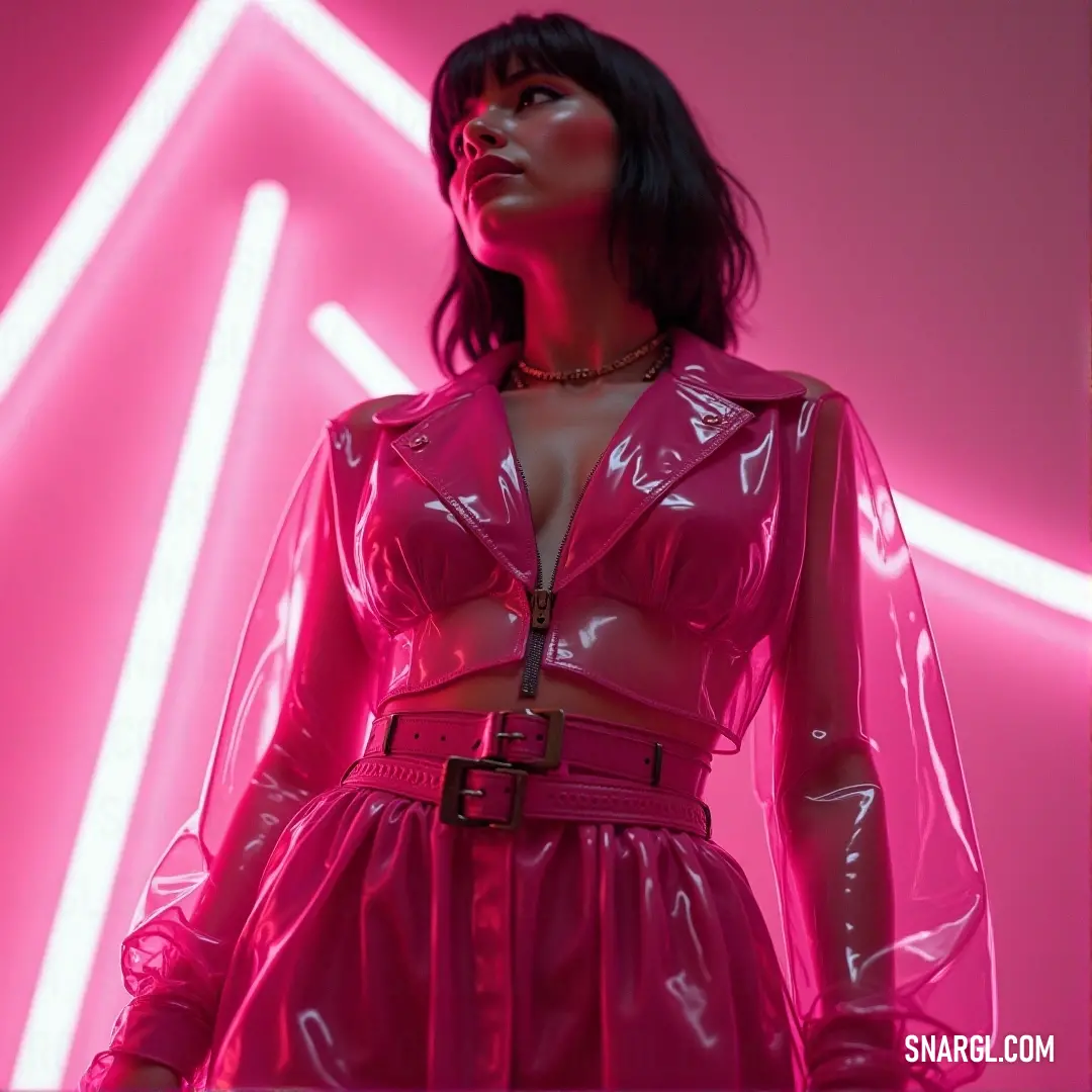 A stylish woman in a striking pink outfit stands confidently in a space illuminated by eye-catching neon lights, creating a lively atmosphere that perfectly complements her vibrant look and energetic vibe.