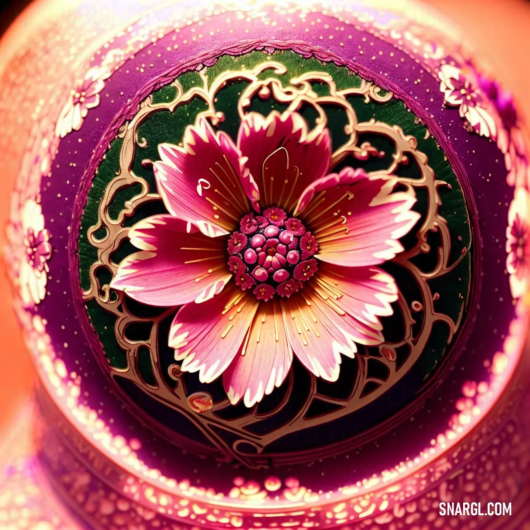 Pink flower is on a purple vase with gold accents and a green base with a pink center