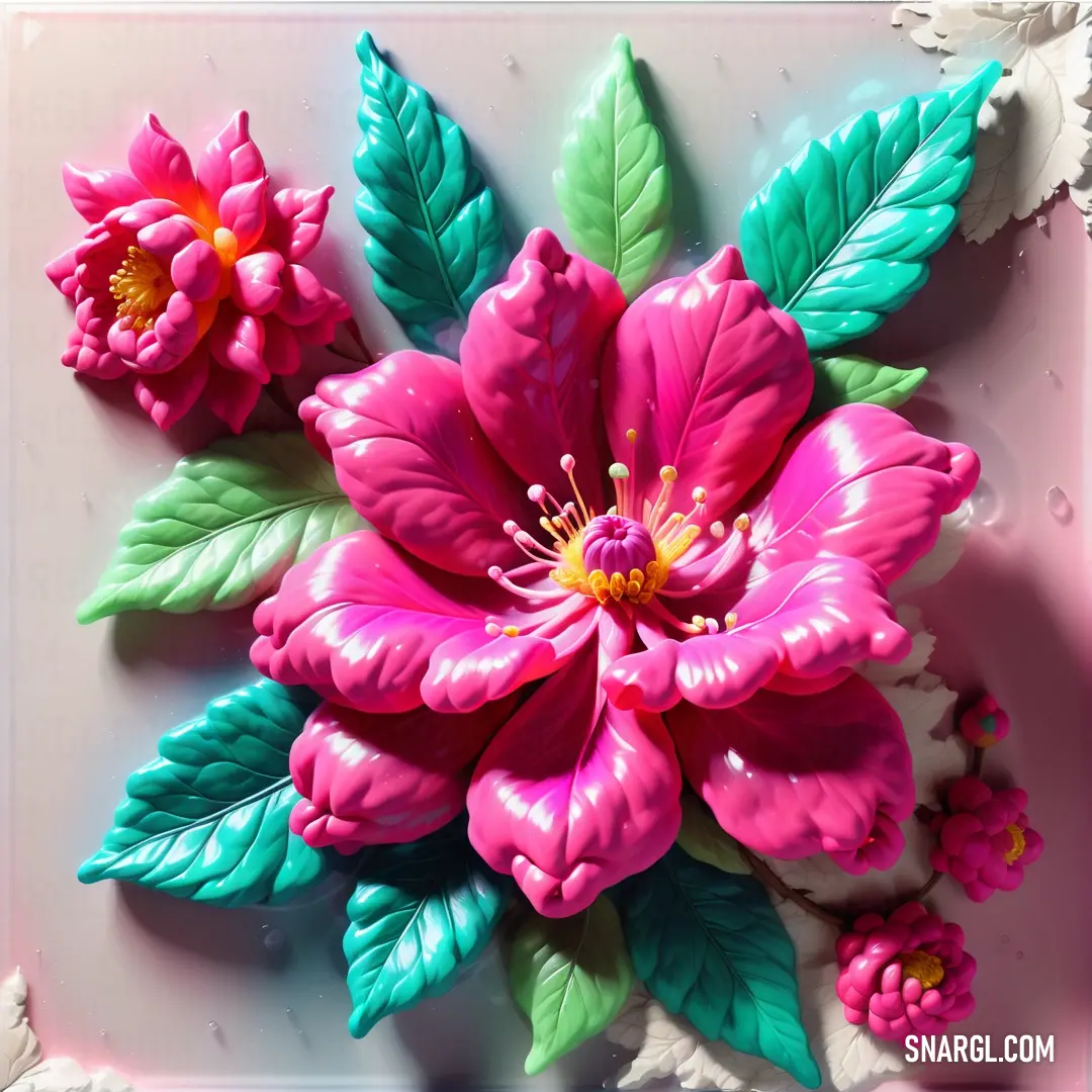 Pink flower with green leaves on a white plate with a pink background and a blue