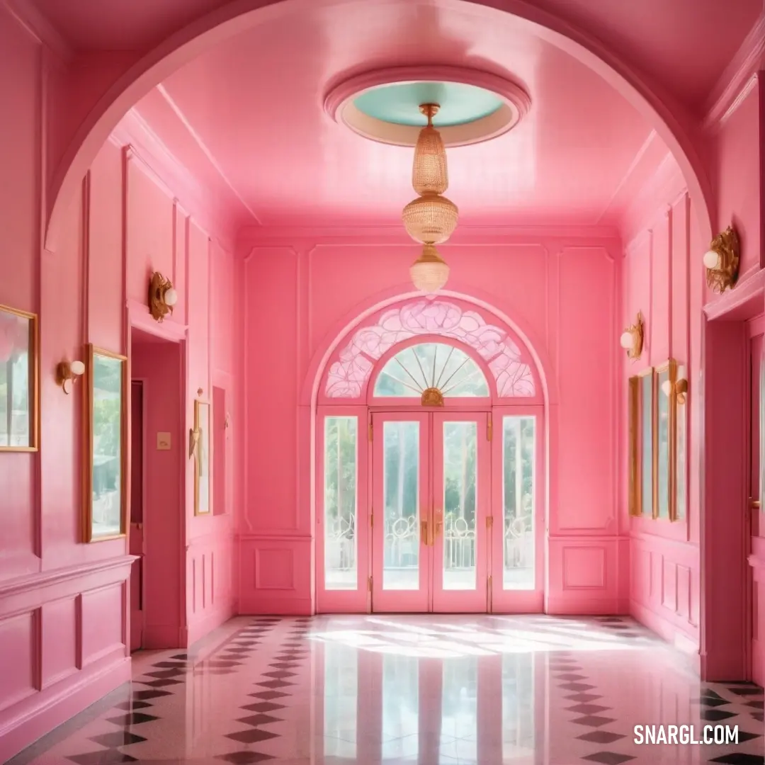 A vibrant pink hallway features a checkered floor, arched doorways, and a stunning chandelier hanging from the ceiling, casting soft light on the surroundings. The warm color #CF2366 fills the space with energy.