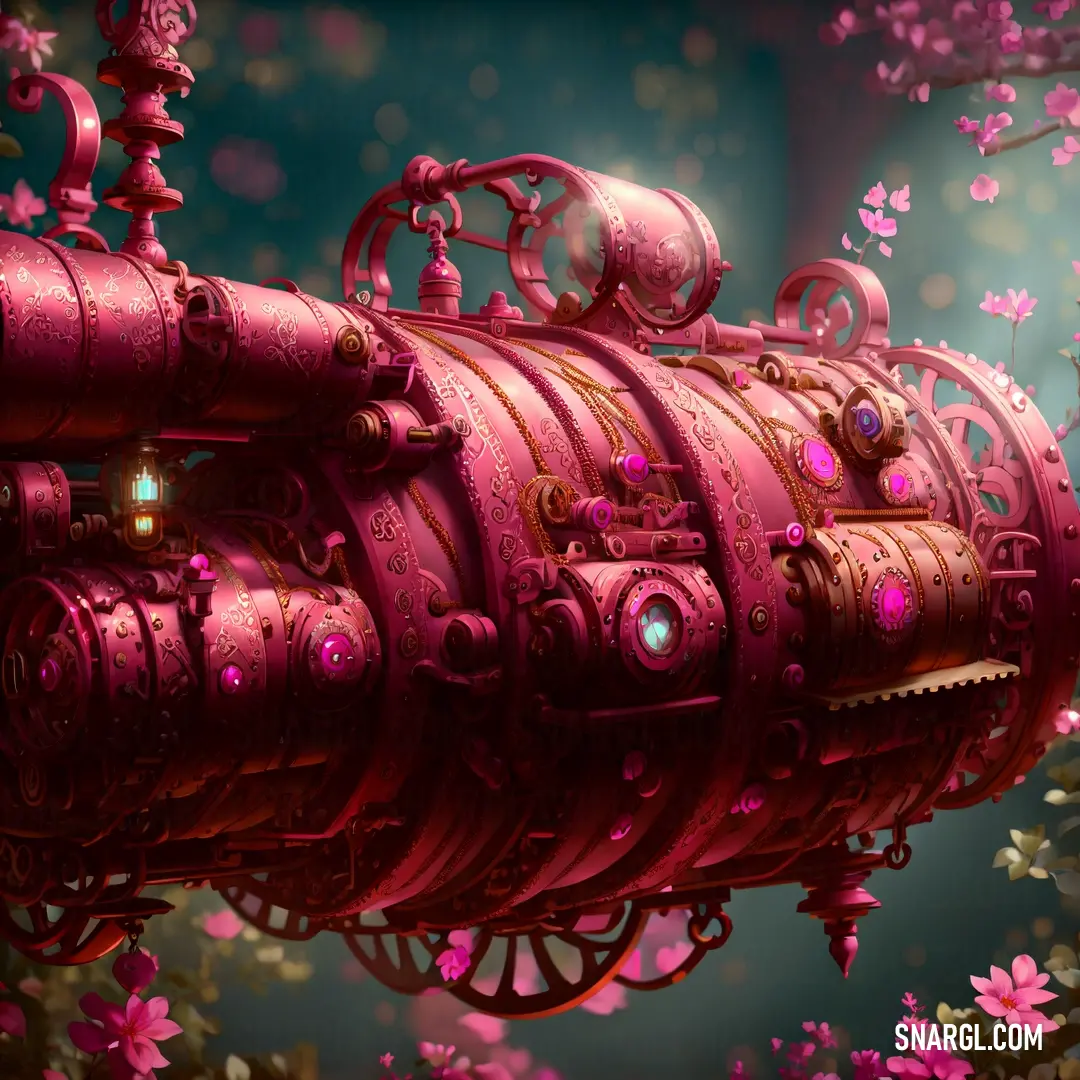 Pink machine with a light on it in a room with flowers on the wall and a blue background