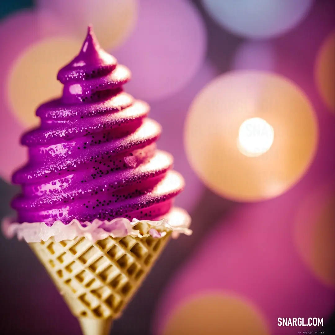 Purple ice cream cone with a small christmas tree on top of it
