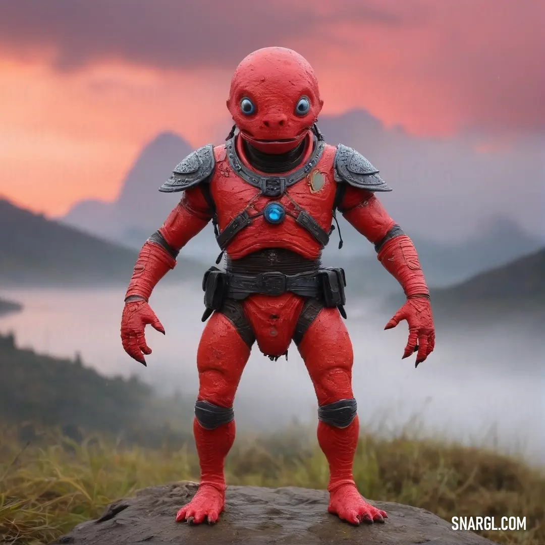 A striking red creature, outfitted with a helmet and body suit, confidently stands on a rock amidst a breathtaking field and mountains. Its bold appearance captivates the viewer, inviting them into its adventurous world.