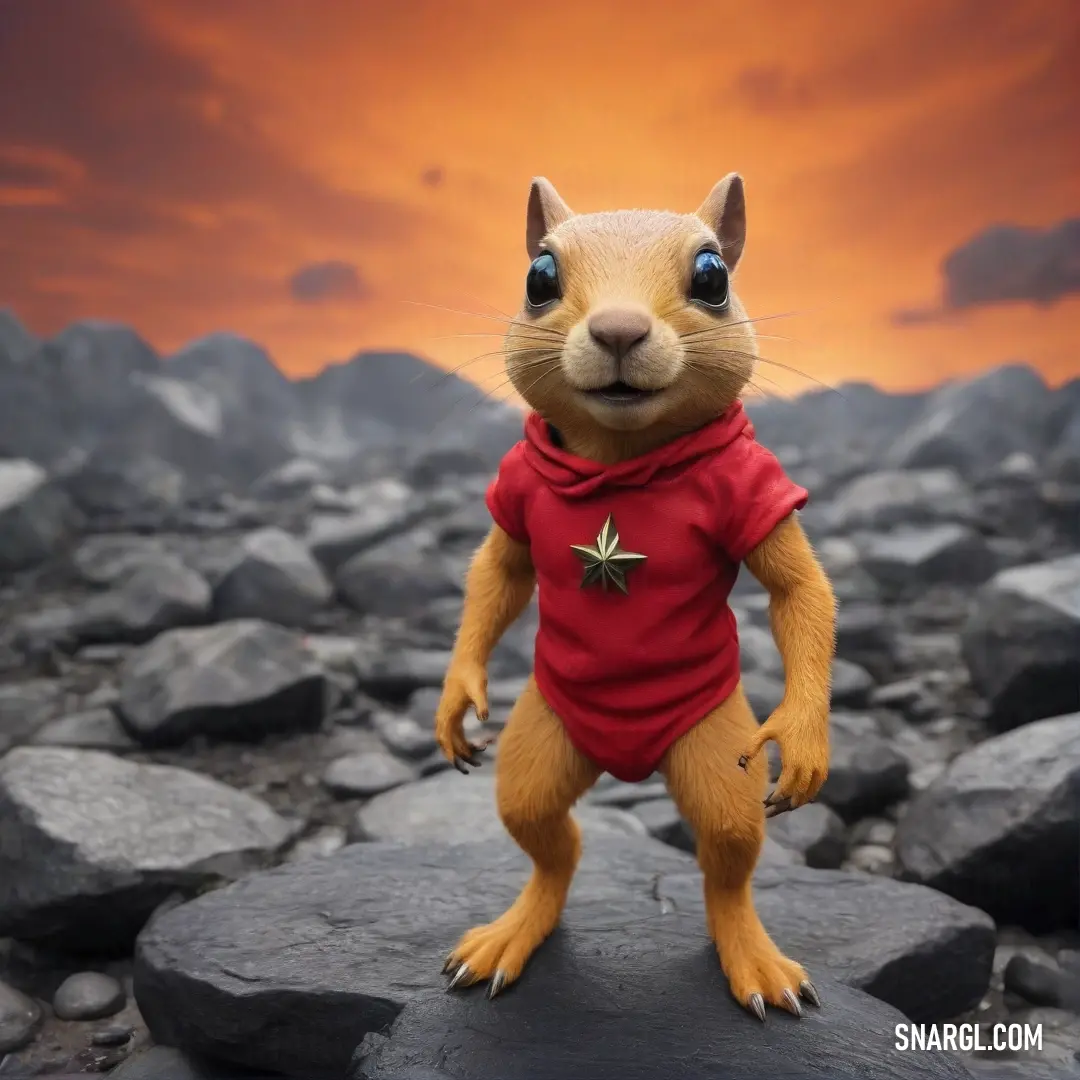 A small squirrel, donned in a bright red shirt featuring a star on its chest, proudly perches on a rock. Its charming look and playful stance make it a delightful figure, captivating the hearts of those who pass by.