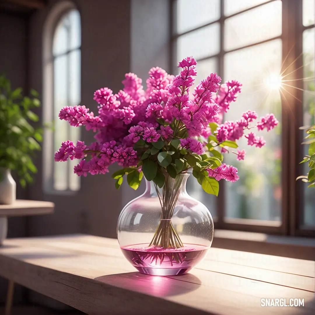 A delicate vase filled with fresh pink flowers sits gracefully on a table, basking in the warm sunlight streaming through a nearby window. The soft colors create a tranquil and inviting atmosphere.