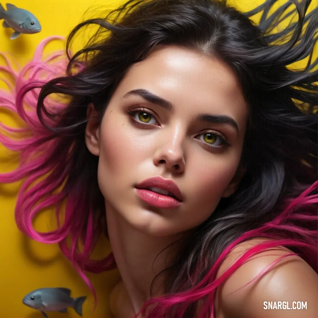 A whimsical scene unfolds with a woman sporting vibrant pink hair, surrounded by colorful fish against a bright yellow backdrop, creating an eye-catching display of creativity and fun.