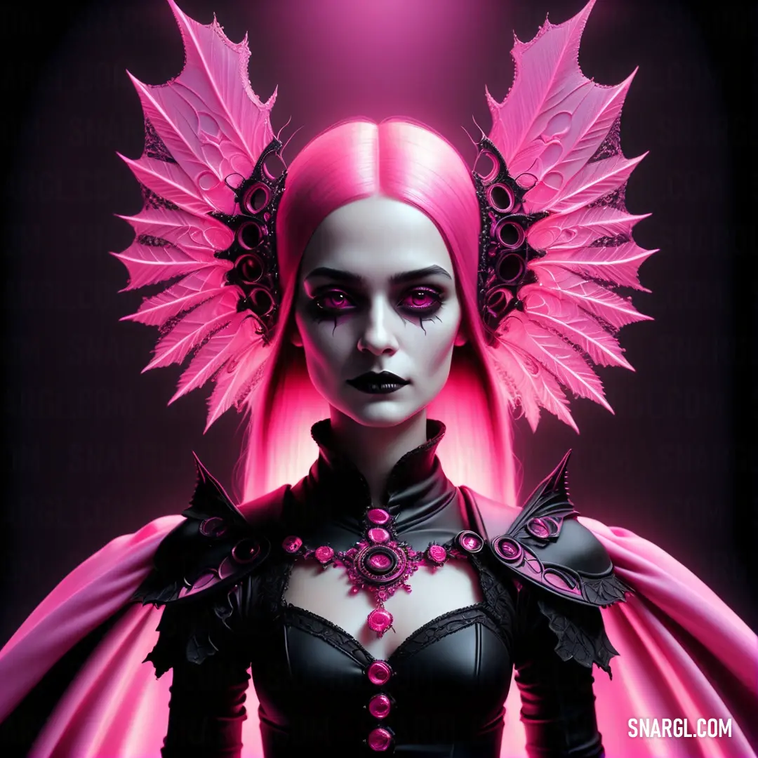 Woman with pink hair and wings on her head and chest