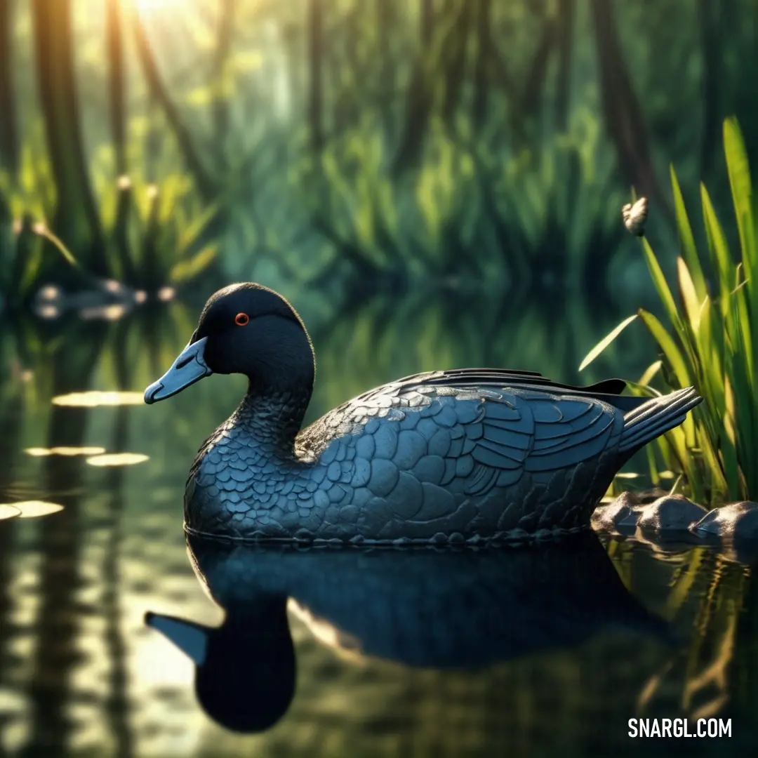 Duck floating on top of a lake surrounded by green grass and reeds in the sun light. Example of RGB 47,78,116 color.
