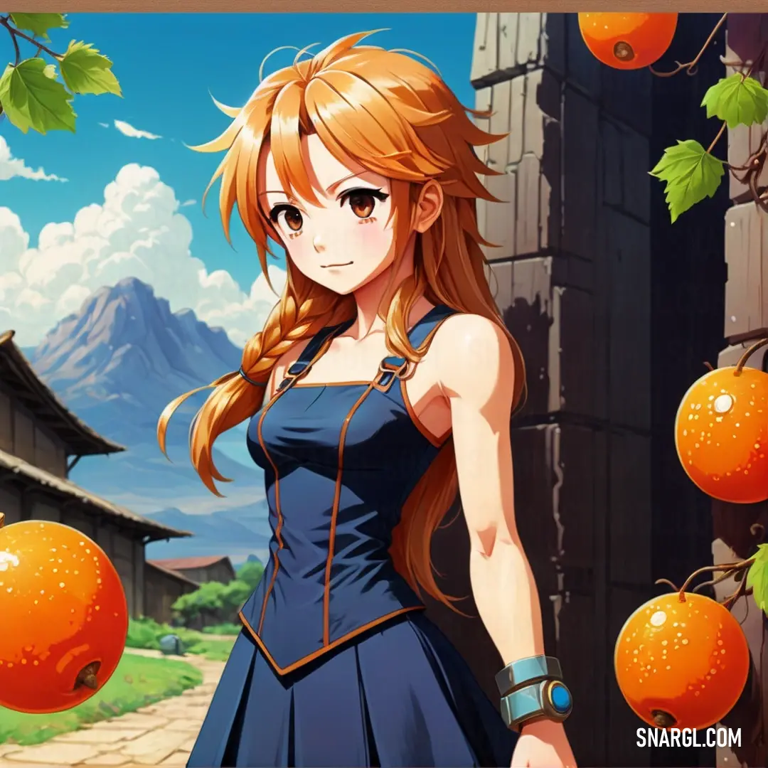 Girl in a blue dress standing in front of oranges with mountains in the background. Example of PANTONE 2140 color.