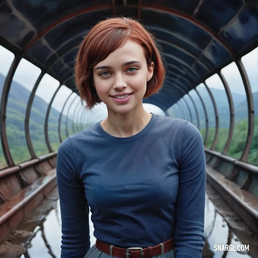 Woman standing in front of a train track with a smile on her face and a blue shirt on. Example of #2F4E74 color.
