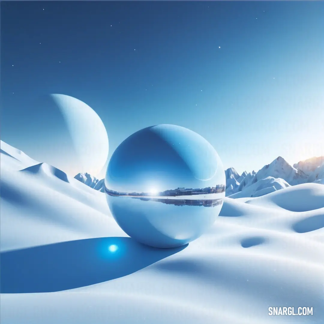 Blue sphere in the middle of a snowy landscape with mountains in the background. Example of PANTONE 2141 color.
