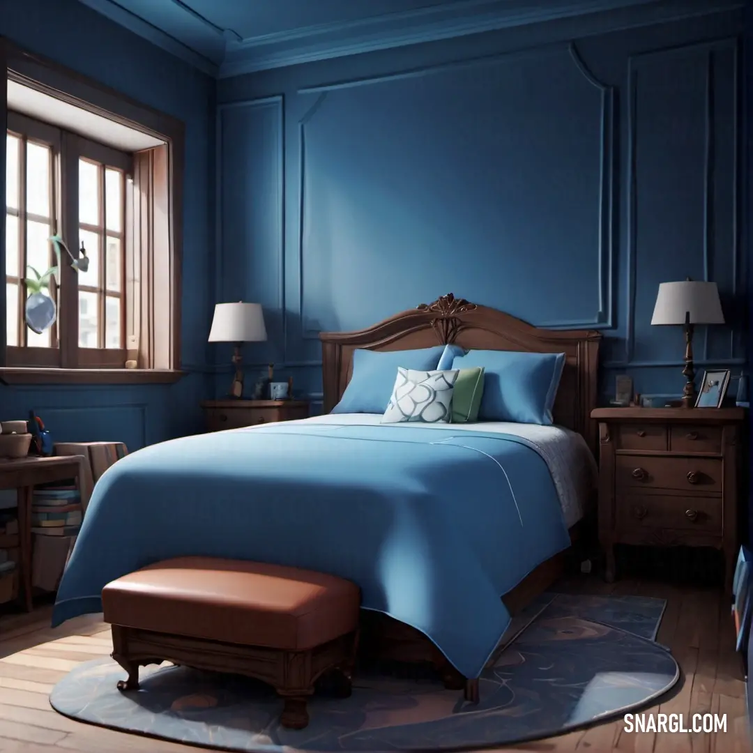 Bedroom with a blue wall and a bed with a blue comforter and pillows and a footstool. Example of PANTONE 2141 color.