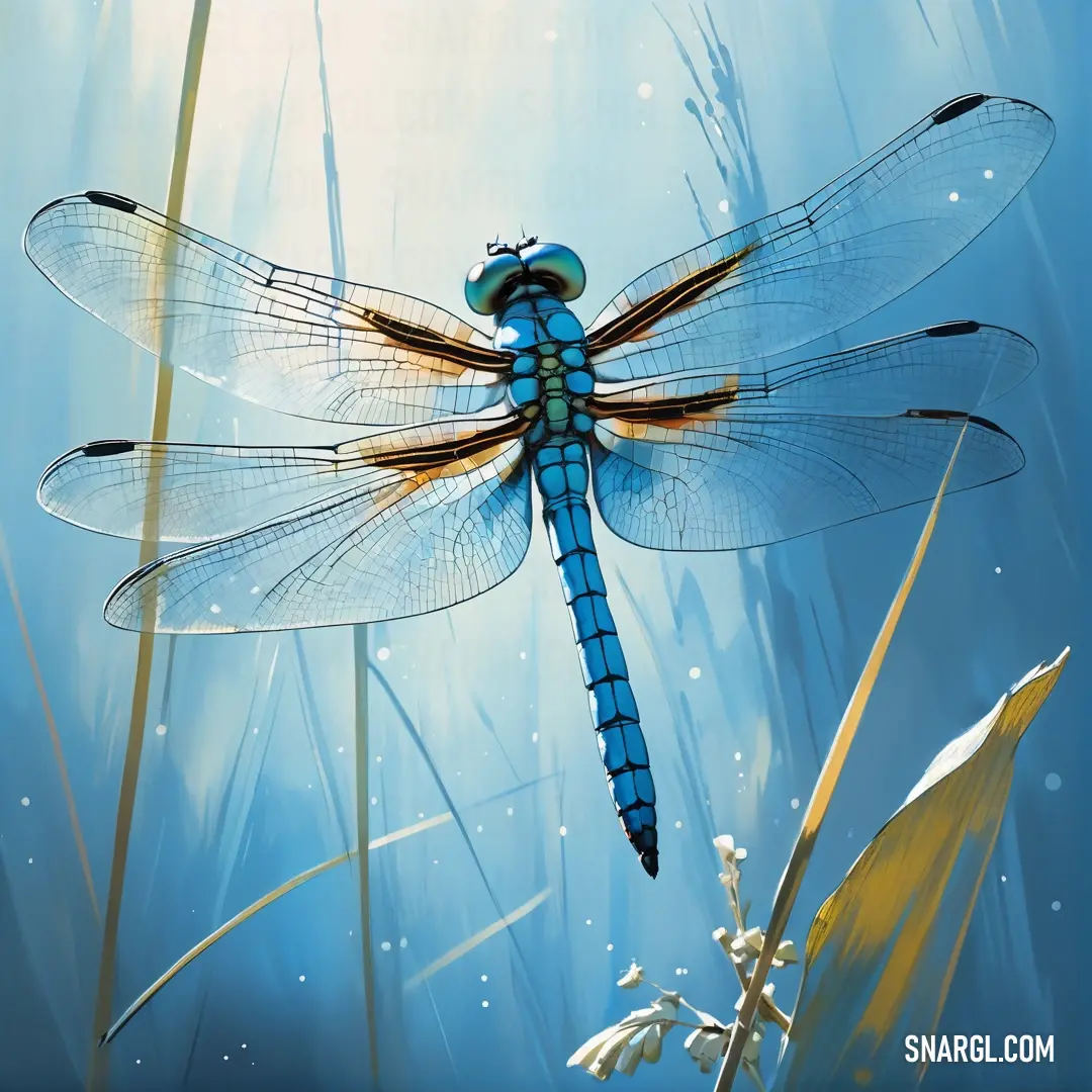 Blue dragonfly on top of a plant in the grass with water droplets on it's wings. Color #85B8DF.