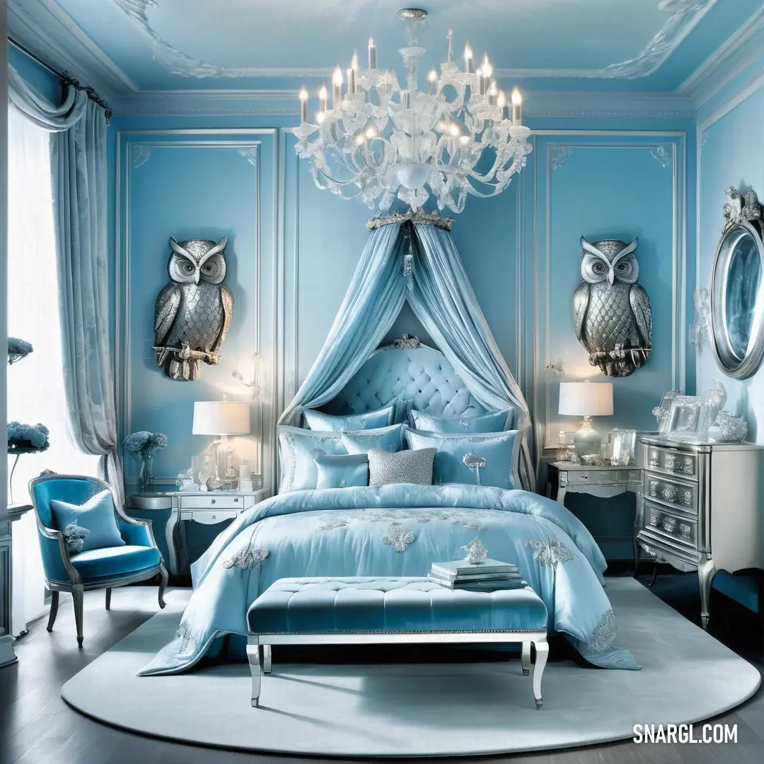Bedroom with a blue bed and a chandelier and a blue chair and table with a lamp. Example of RGB 121,165,210 color.