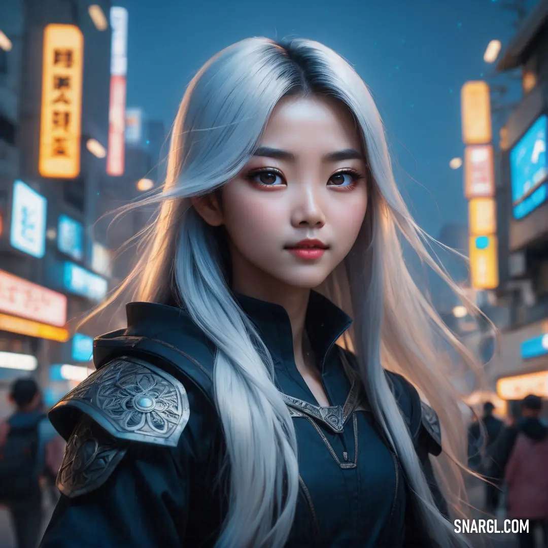 Woman with long gray hair and a black outfit in a city at night with neon signs. Color RGB 121,165,210.