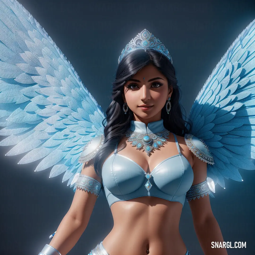 PANTONE 2142 color. Woman in a blue bra and angel wings is posing for a picture