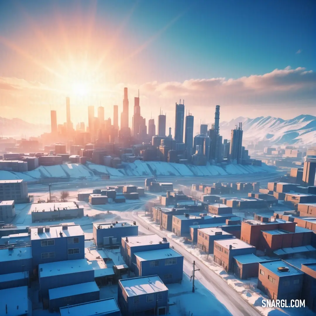 City with a lot of buildings and a lot of snow on the ground and a bright sun in the sky. Color CMYK 77,34,0,0.