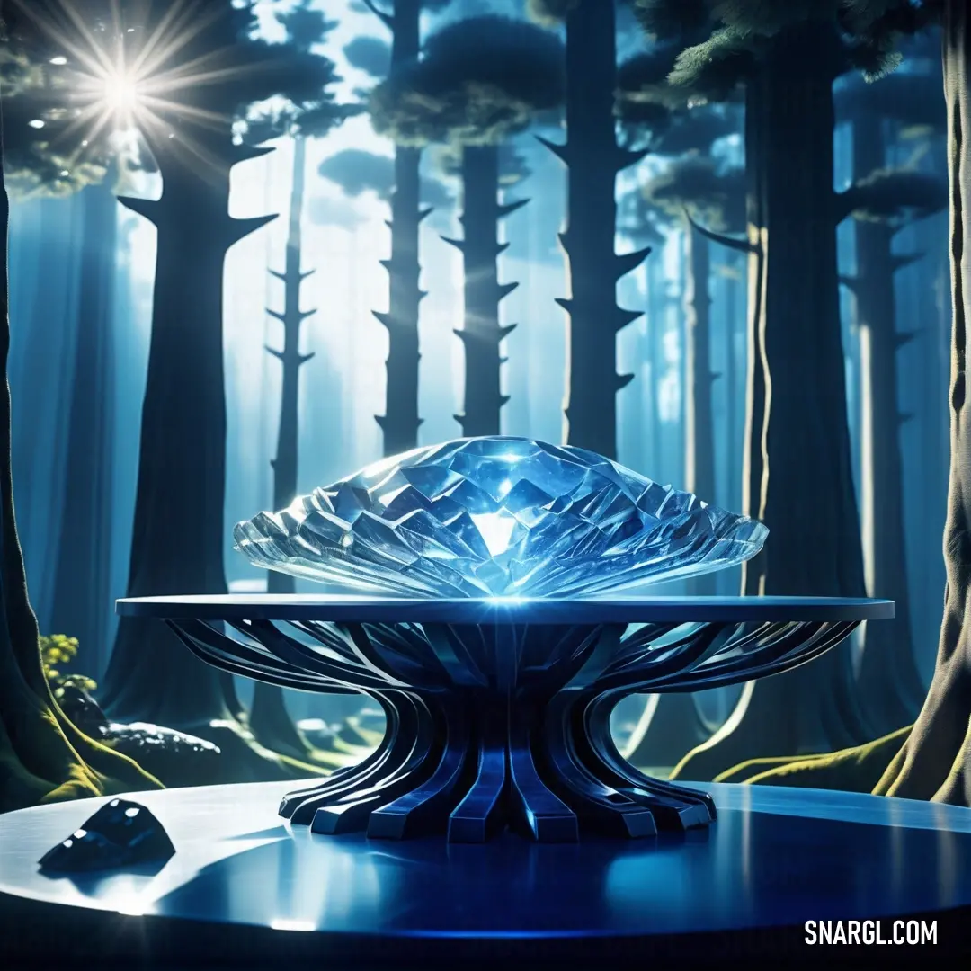 Glass bowl on top of a table in a forest filled with trees and a light shining on it. Example of #4384BF color.