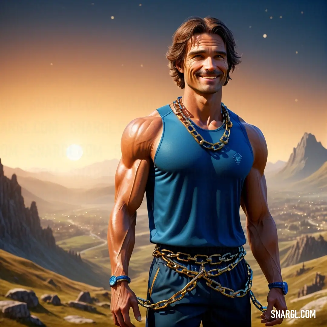 Man with a chain around his neck and a mountain in the background. Example of #4384BF color.