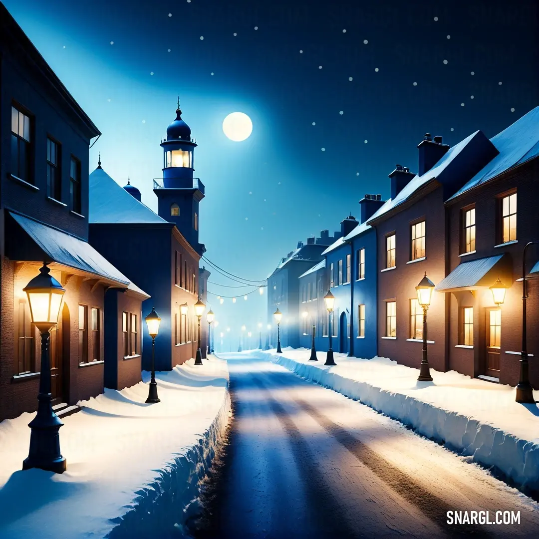 PANTONE 2143 color. Street with a light house and a full moon in the sky above it and snow on the ground