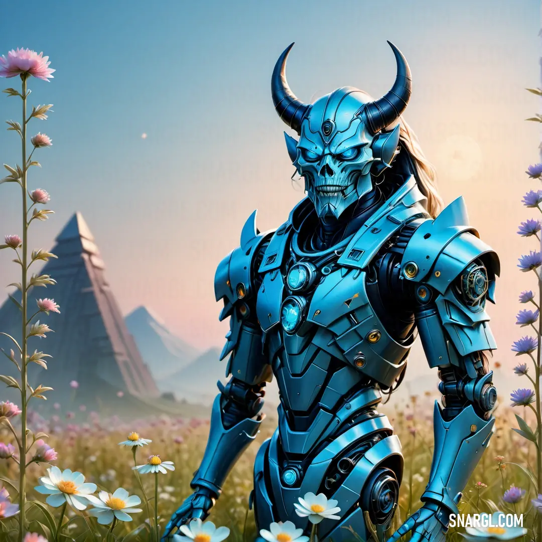 Blue robot standing in a field of flowers with a horned face on it's chest and a full body of armor. Example of #0069AD color.