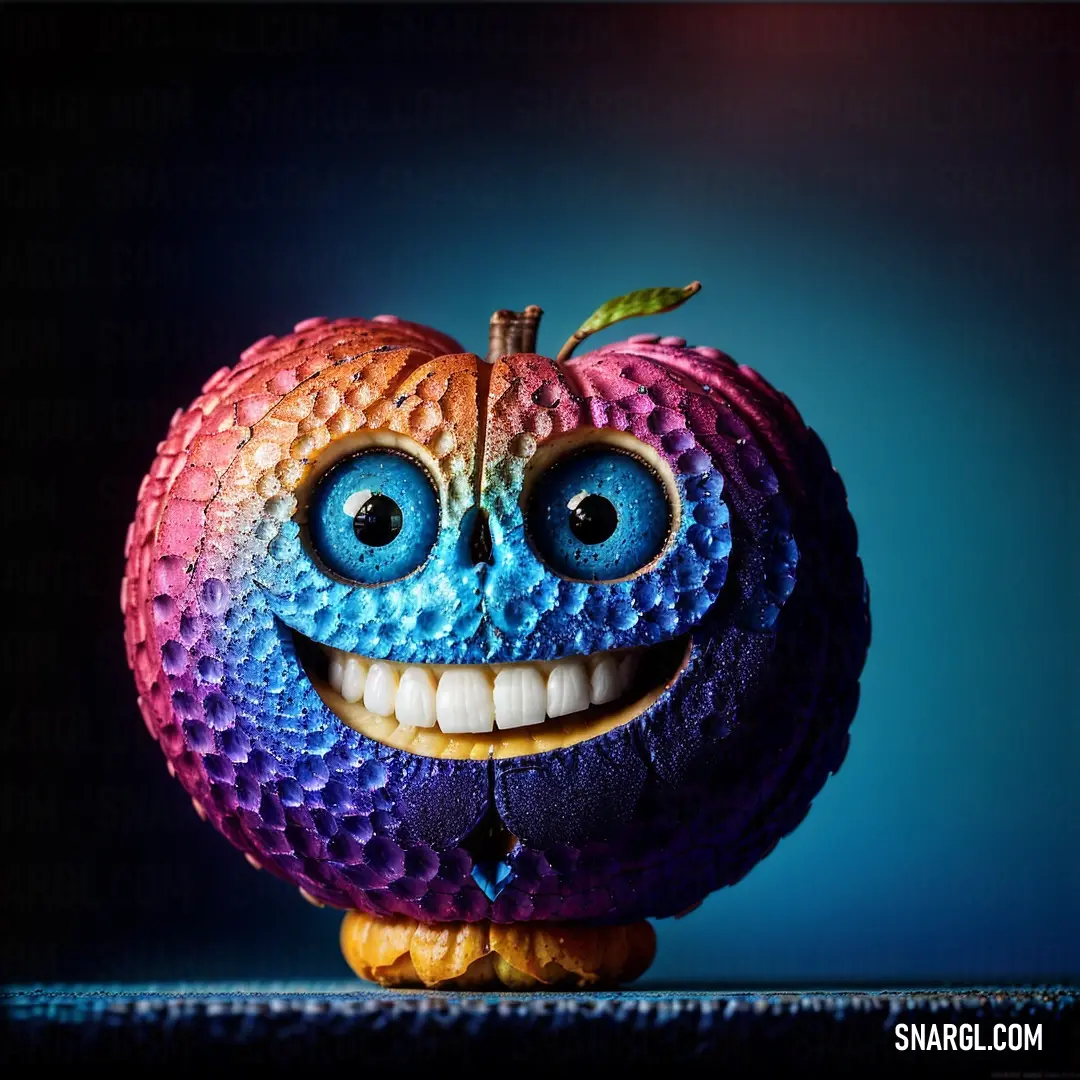 Colorful apple with a face painted on it's side and eyes open and smiling with a toothy grin. Color #0069AD.