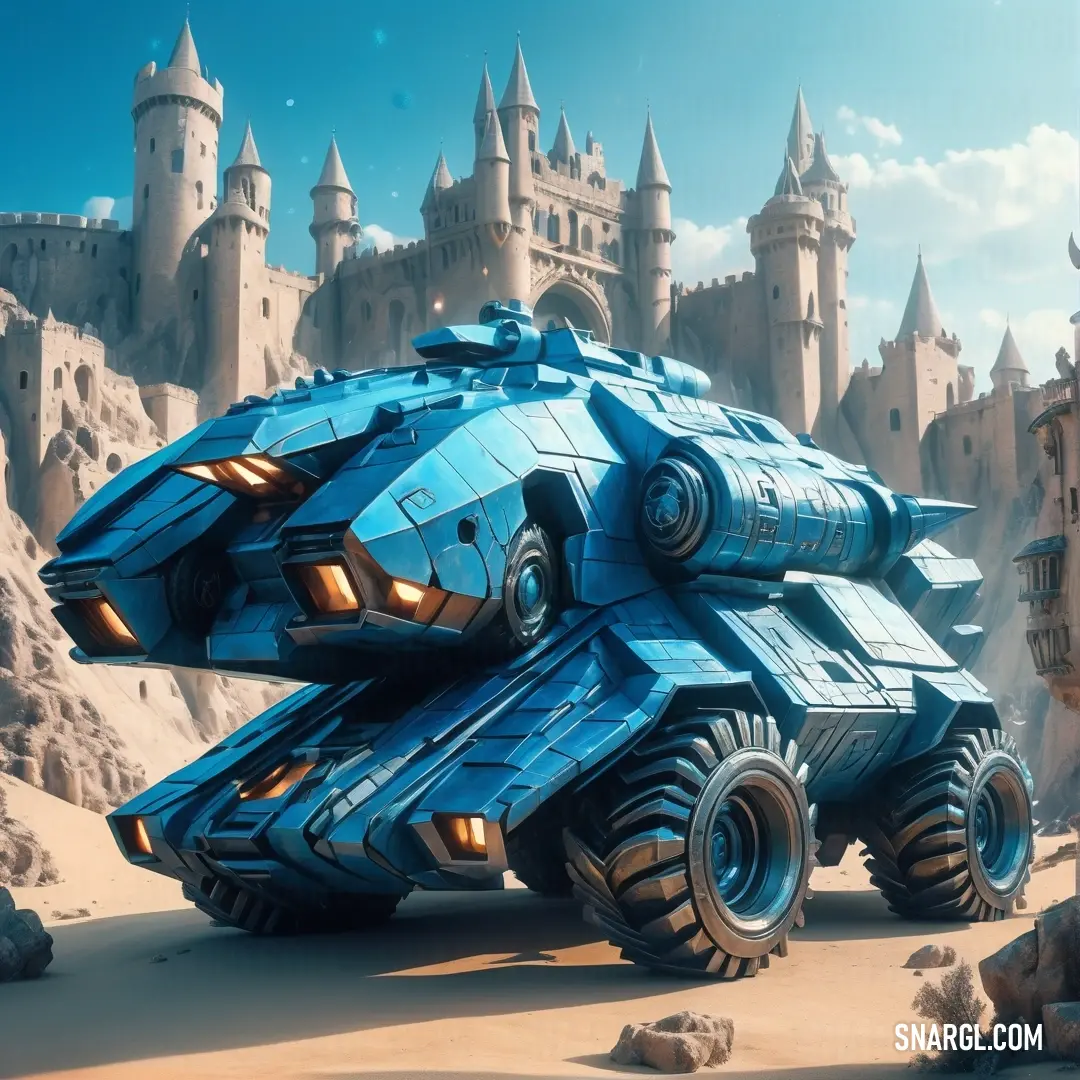 Futuristic vehicle with a massive body of blue paint on it's body and wheels. Color CMYK 95,53,0,0.
