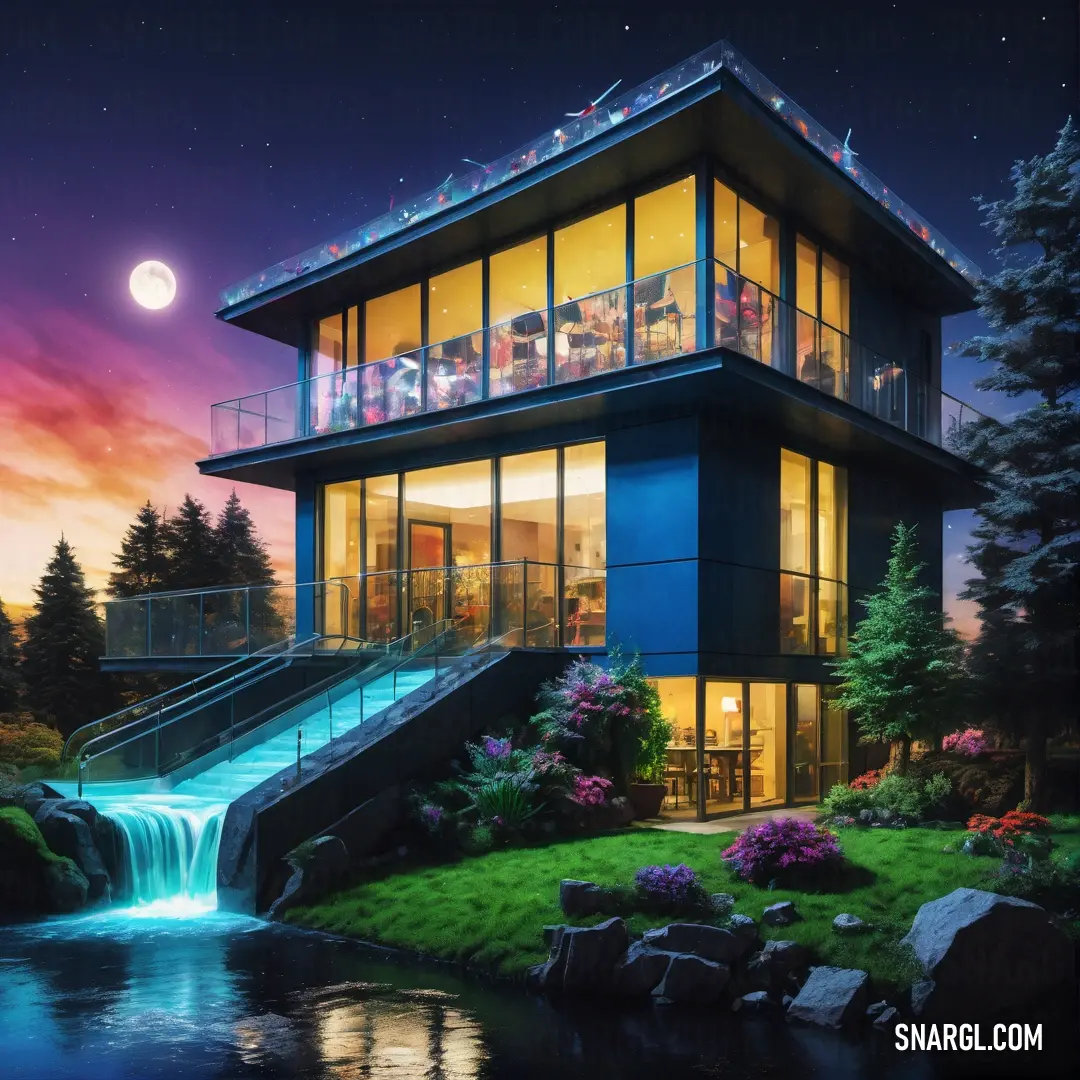 Painting of a house with a waterfall and a waterfall in front of it at night time with a full moon. Color RGB 0,105,173.