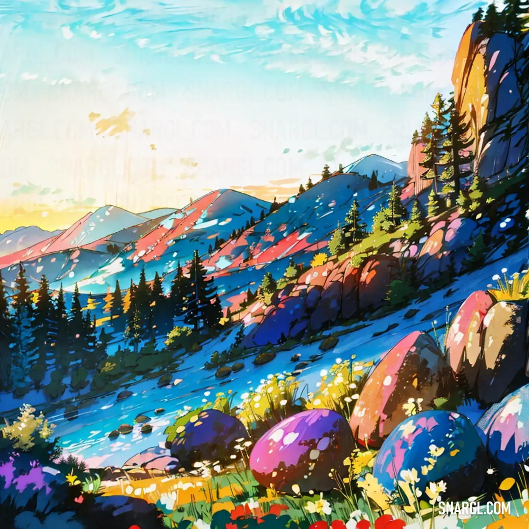 Painting of a mountain landscape with trees and flowers in the foreground and a blue sky in the background. Example of RGB 0,105,173 color.