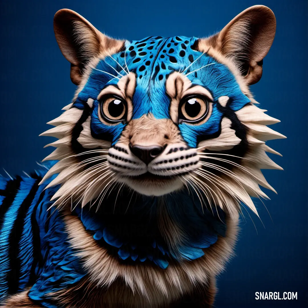 Blue and white tiger with black spots on its face and chest. Example of CMYK 98,62,0,14 color.