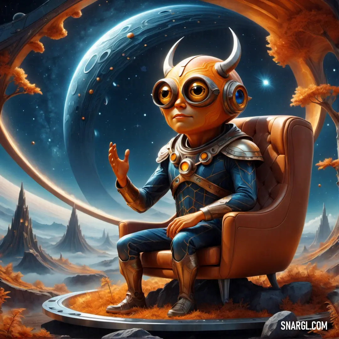 Cartoon character in a chair with a space background