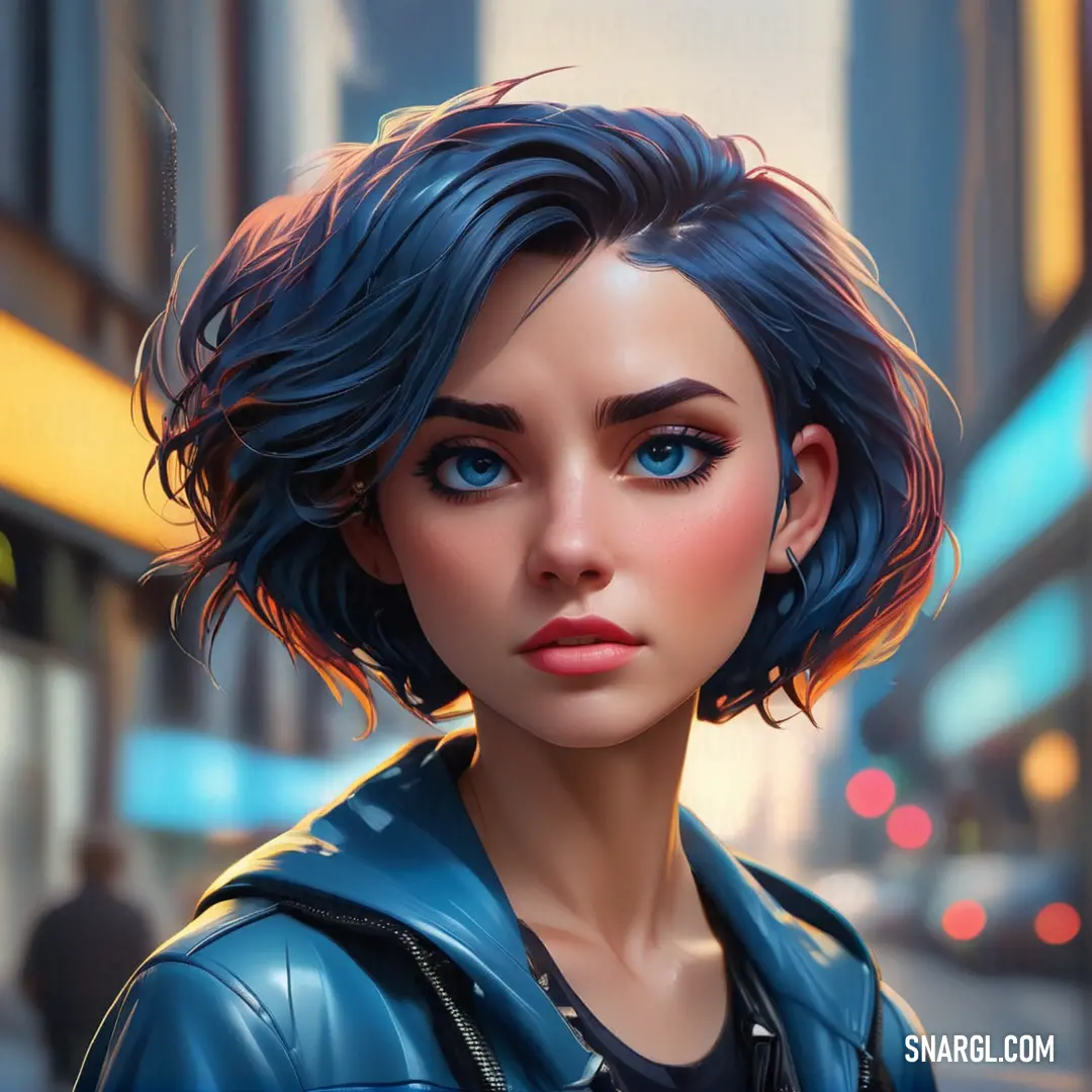 PANTONE 2145 color. Digital painting of a woman with blue hair and a leather jacket on a city street at night time