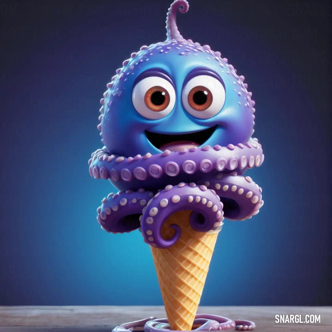 PANTONE 2147 color. Cartoon character is eating an ice cream cone with an octopus on top of it, with a blue background