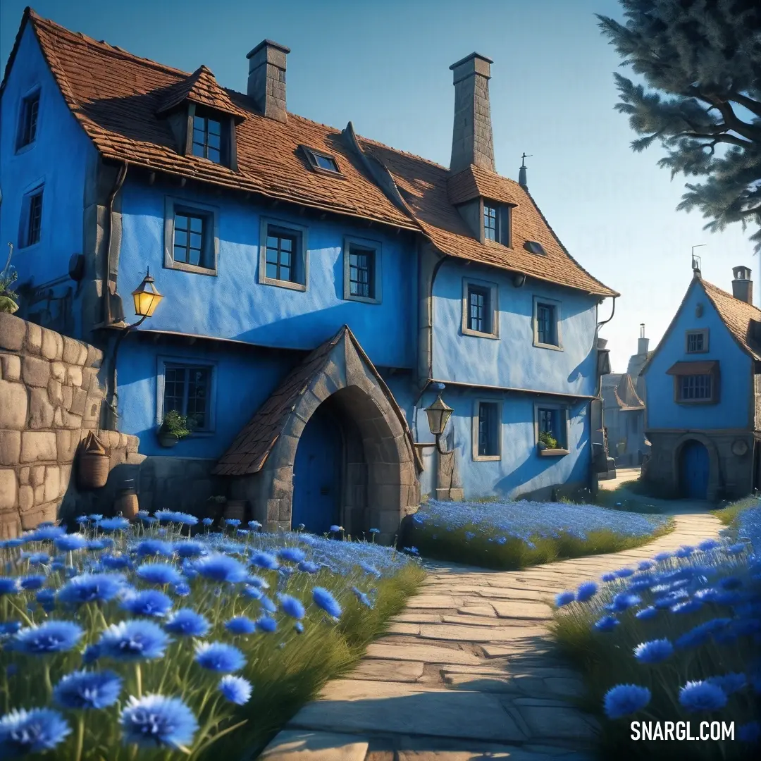 Blue house with a pathway leading to it and blue flowers in front of it. Color PANTONE 2147.