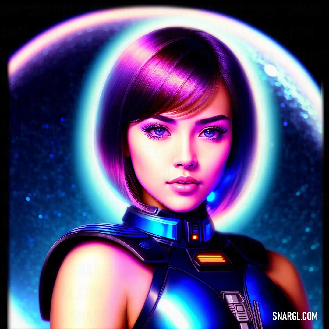 Woman with a futuristic look and a futuristic helmet on her head. Example of RGB 42,59,128 color.