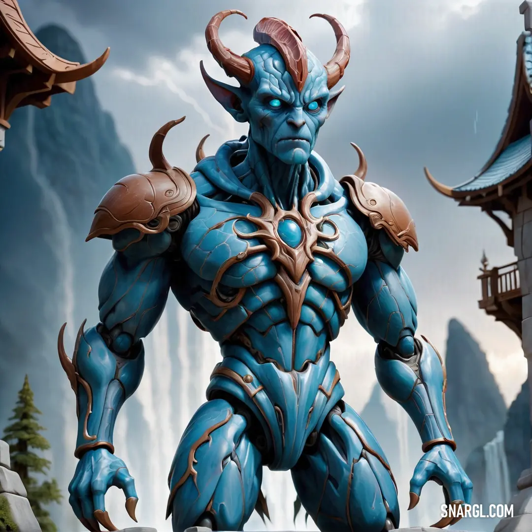 What color is #6690AB? Example - Blue demon with horns and horns on his head standing in front of a mountain range with a temple