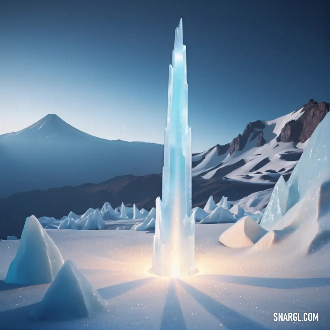 #6690AB color example: Tall tower with a light shining on it in the snow with mountains in the background and a blue sky