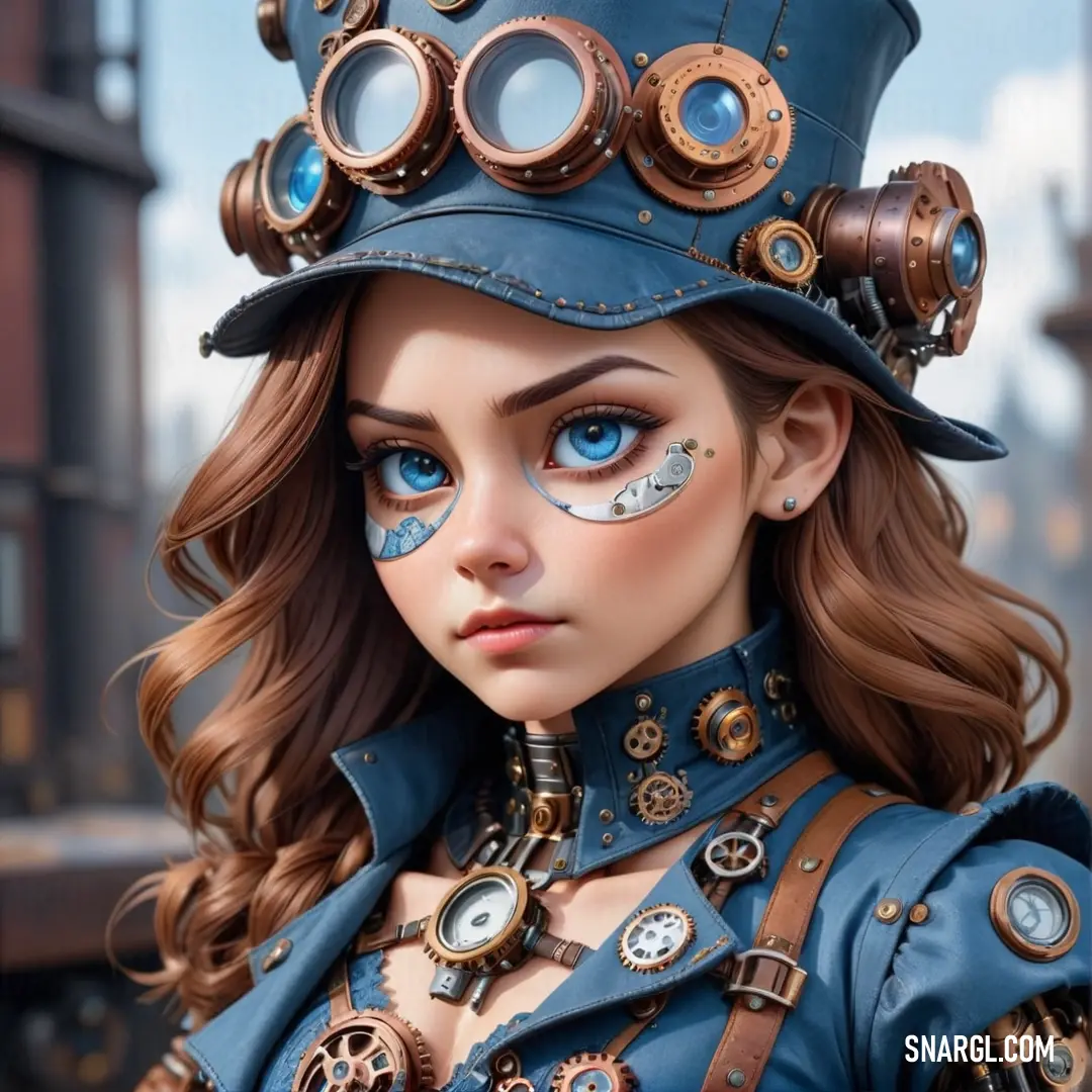 Woman with blue eyes and a steampunk hat on her head and a steampunk outfit. Example of PANTONE 2148 color.