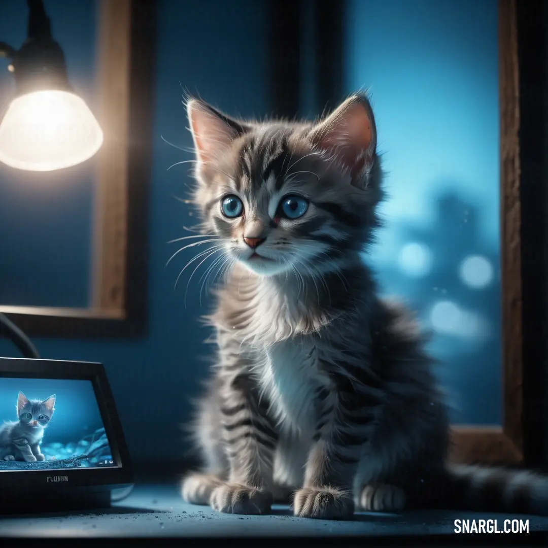 Kitten on a table next to a tv monitor and a lamp on a table top with a cat on it. Color PANTONE 2149.