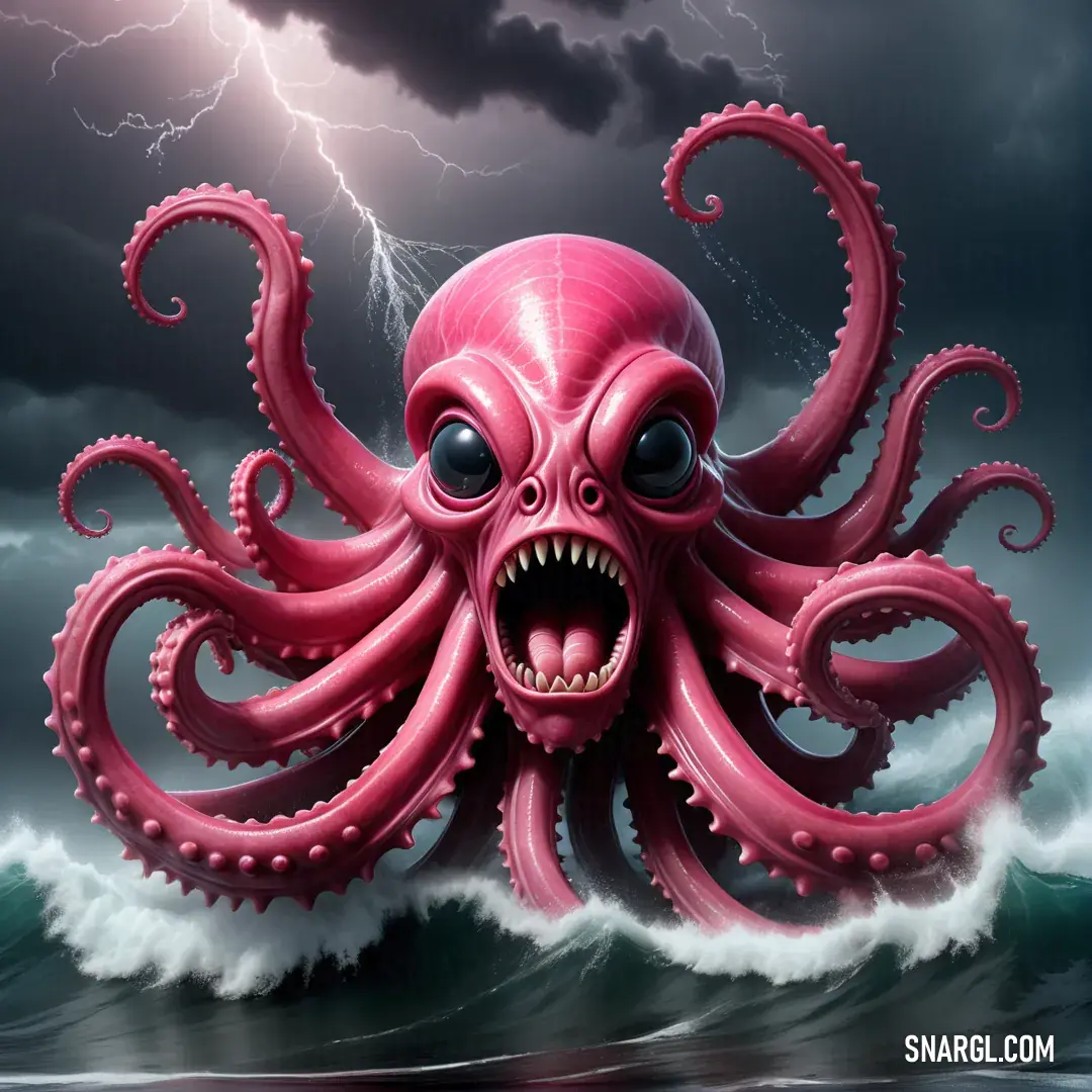Octopus with a huge mouth and a lightning in the background is shown in this painting by artist jeff vander