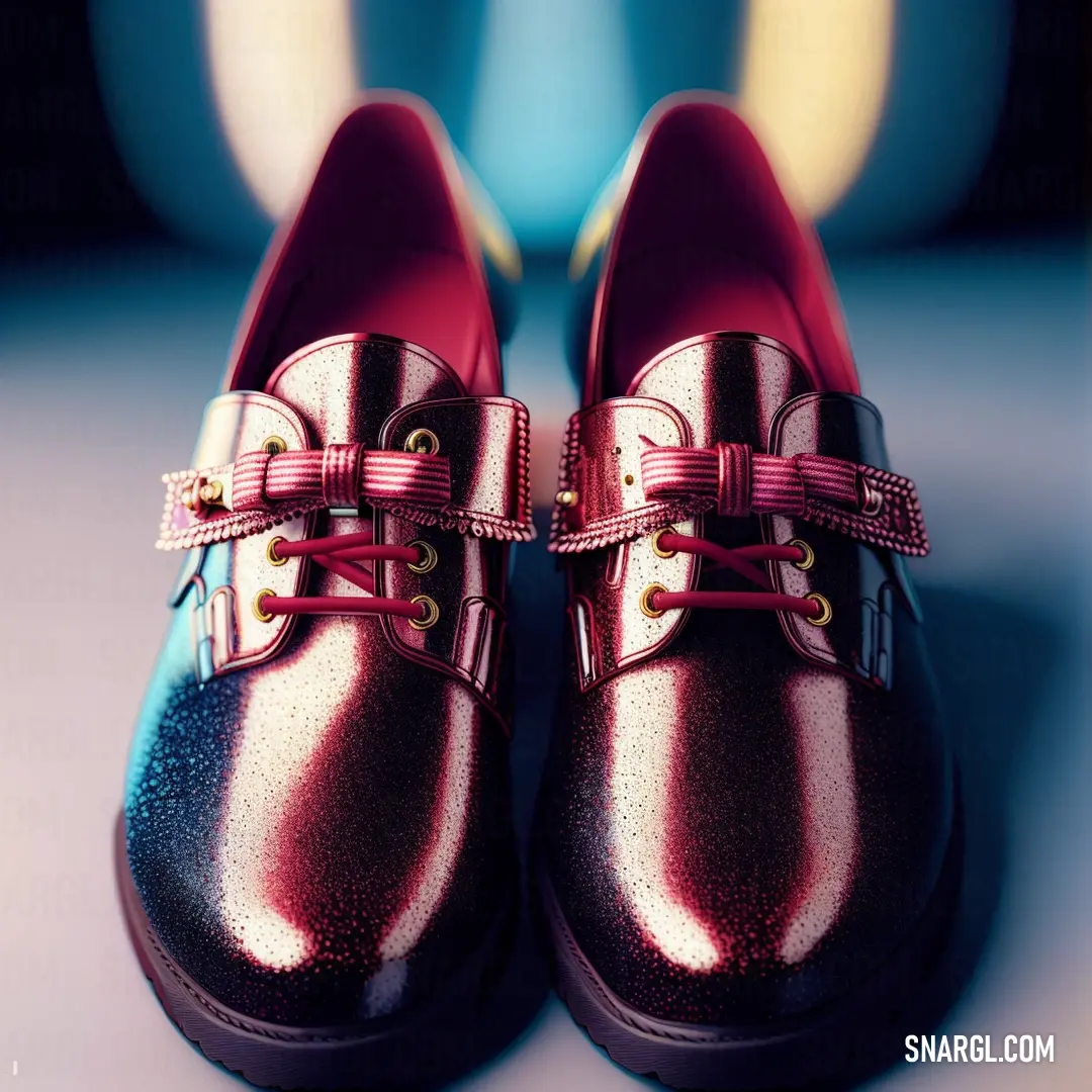 Pair of shiny red shoes with a bow on the side of them