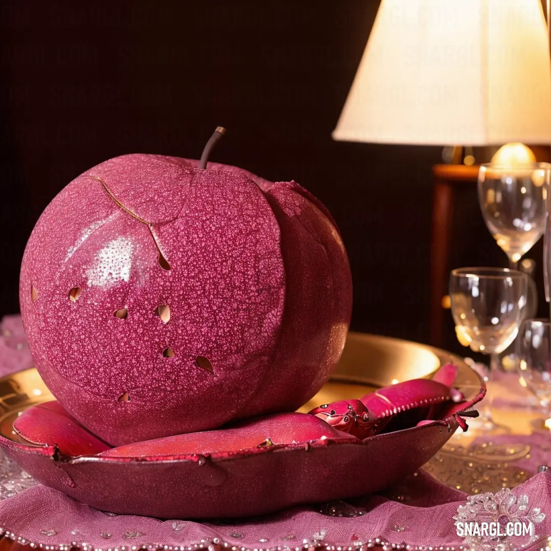 Pink apple on top of a bowl on a table next to a lamp and a glass of wine