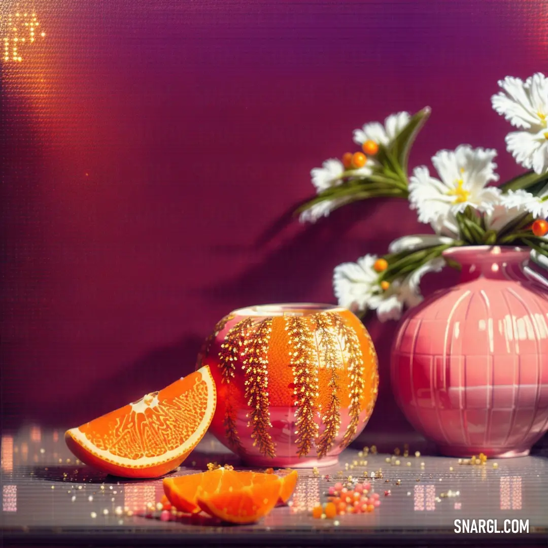 Vase with flowers and orange slices on a table with other items around it and a vase with daisies