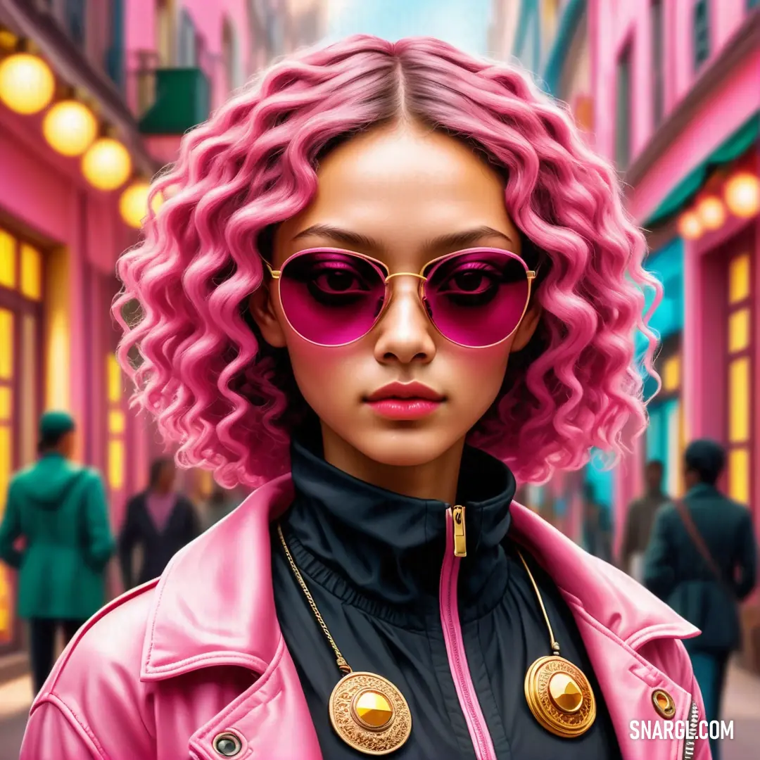 Woman with pink hair and sunglasses on a city street with a pink background and a pink jacket and gold buttons