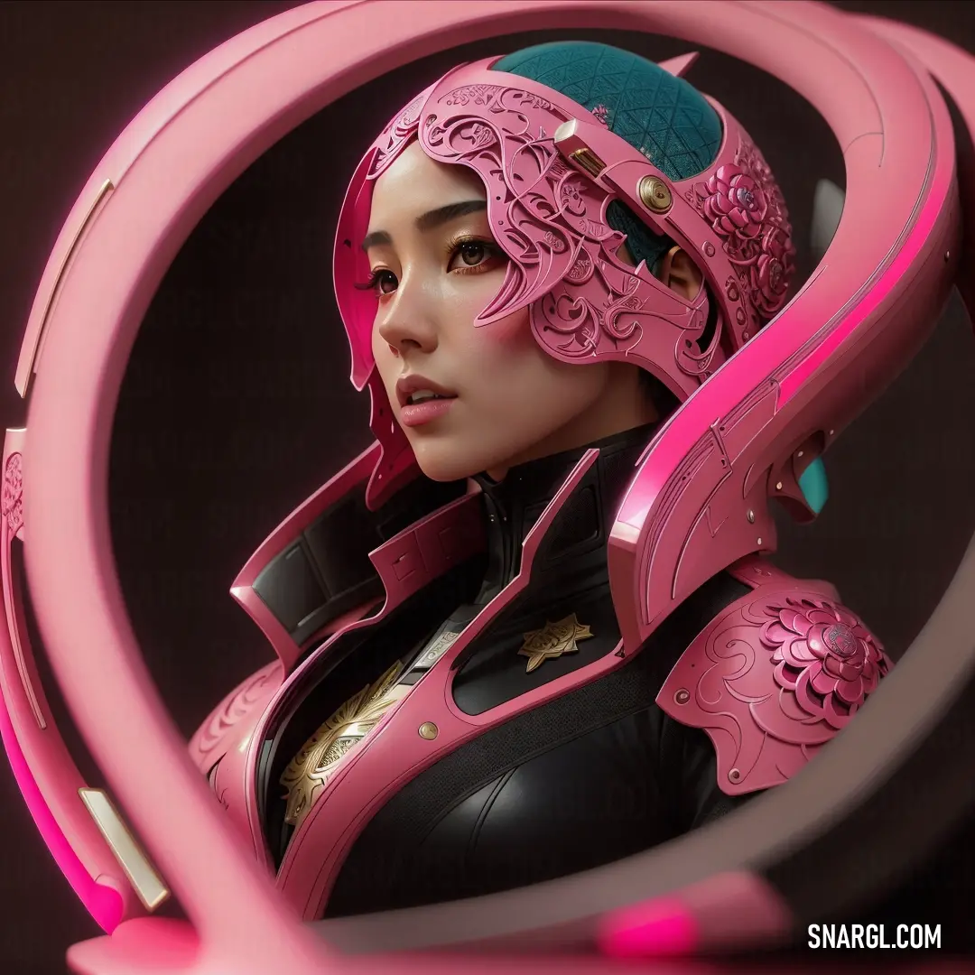 Woman with pink hair and a helmet on her head and a pink frame around her head and a pink circular object