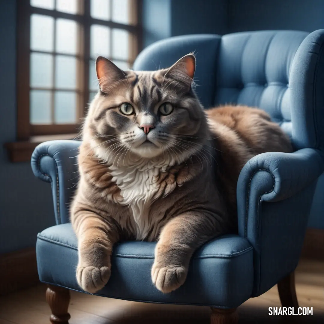 Cat in a blue chair with a collar on it's neck and paws on the arm of the chair. Color RGB 64,119,151.