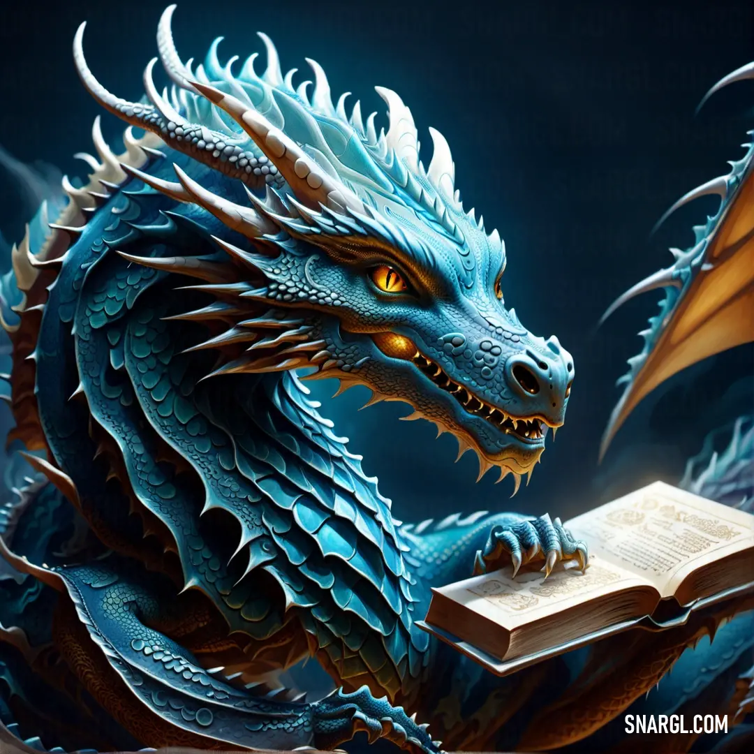 Dragon with a book in its hand and a book in its mouth. Example of #1C6EA5 color.