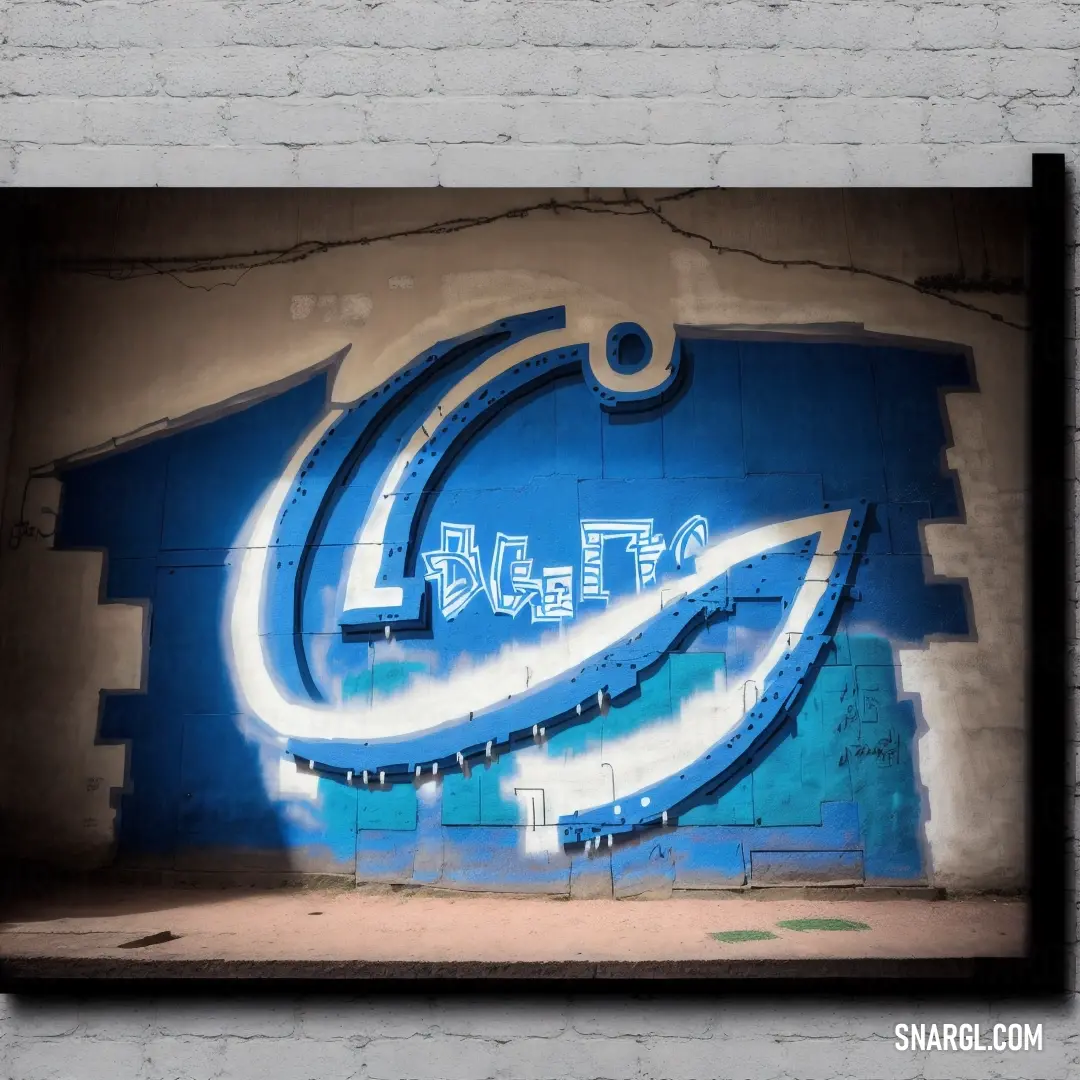 Picture of a blue wall with a large wave painted on it's side and a black frame. Example of #1C6EA5 color.